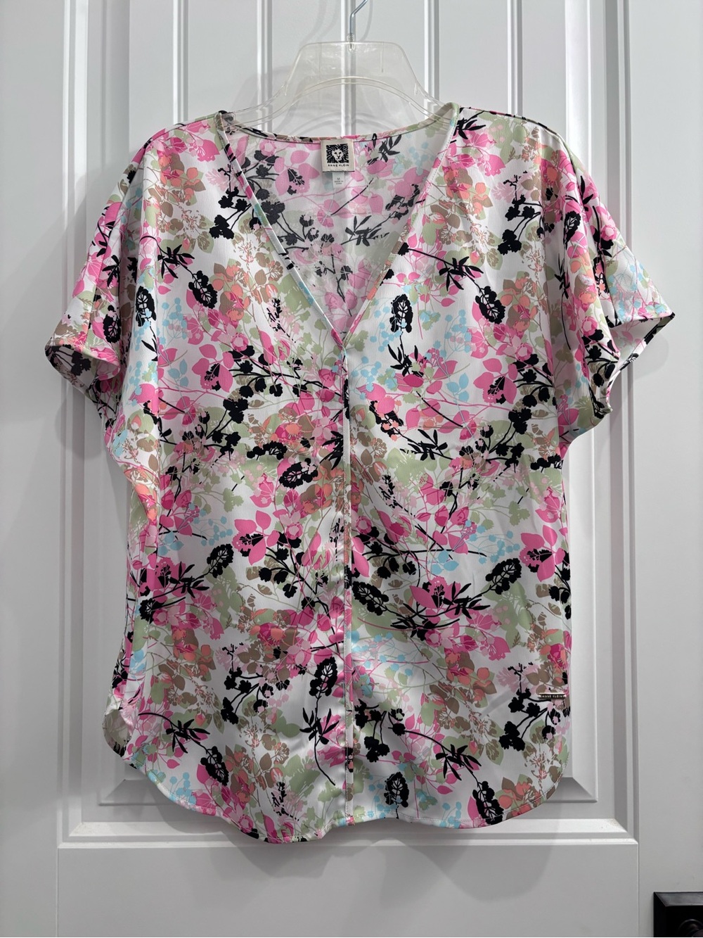 Anne Klein Floral V-Neck Short Sleeve Blouse - Pink, Black, Cream